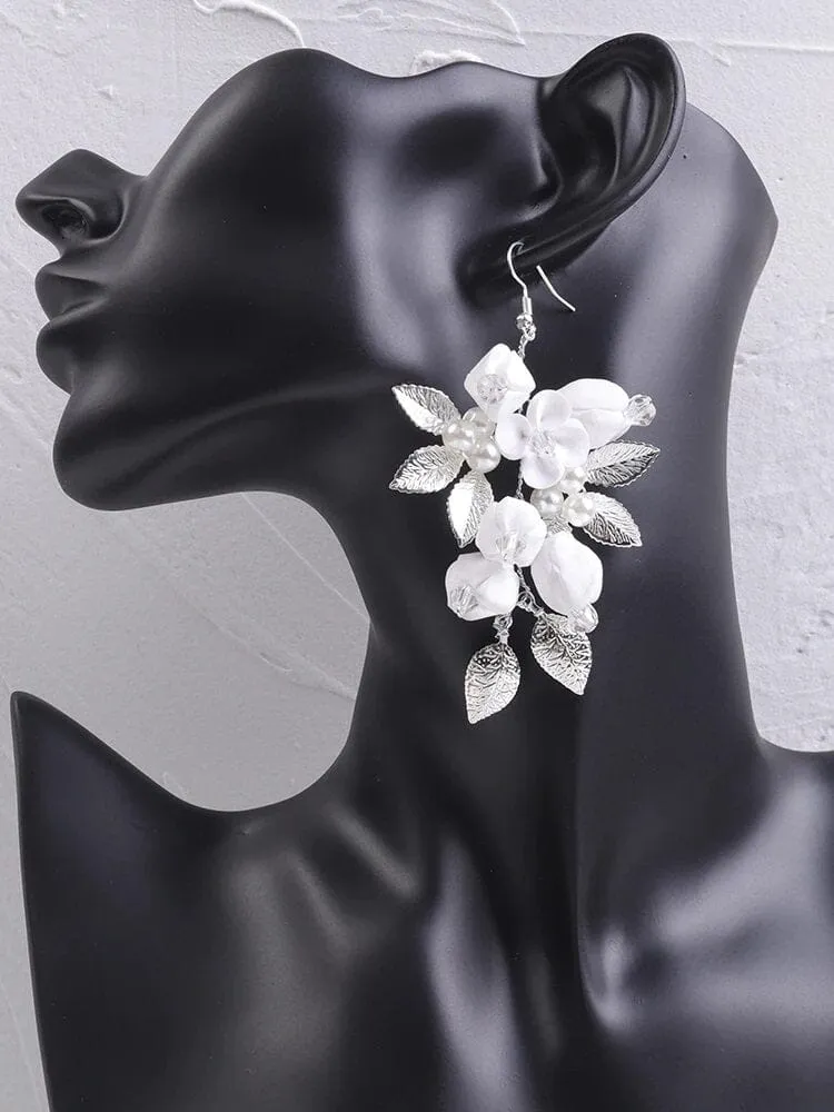 White Ceramic Flower Earrings, Bridal Crystal Silver Wire Earrings, Wedding Clay Floral Dangle Earrings