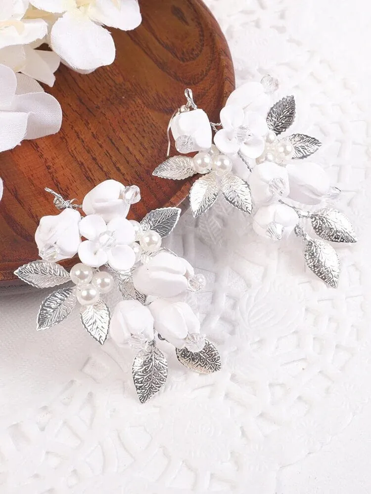 White Ceramic Flower Earrings, Bridal Crystal Silver Wire Earrings, Wedding Clay Floral Dangle Earrings