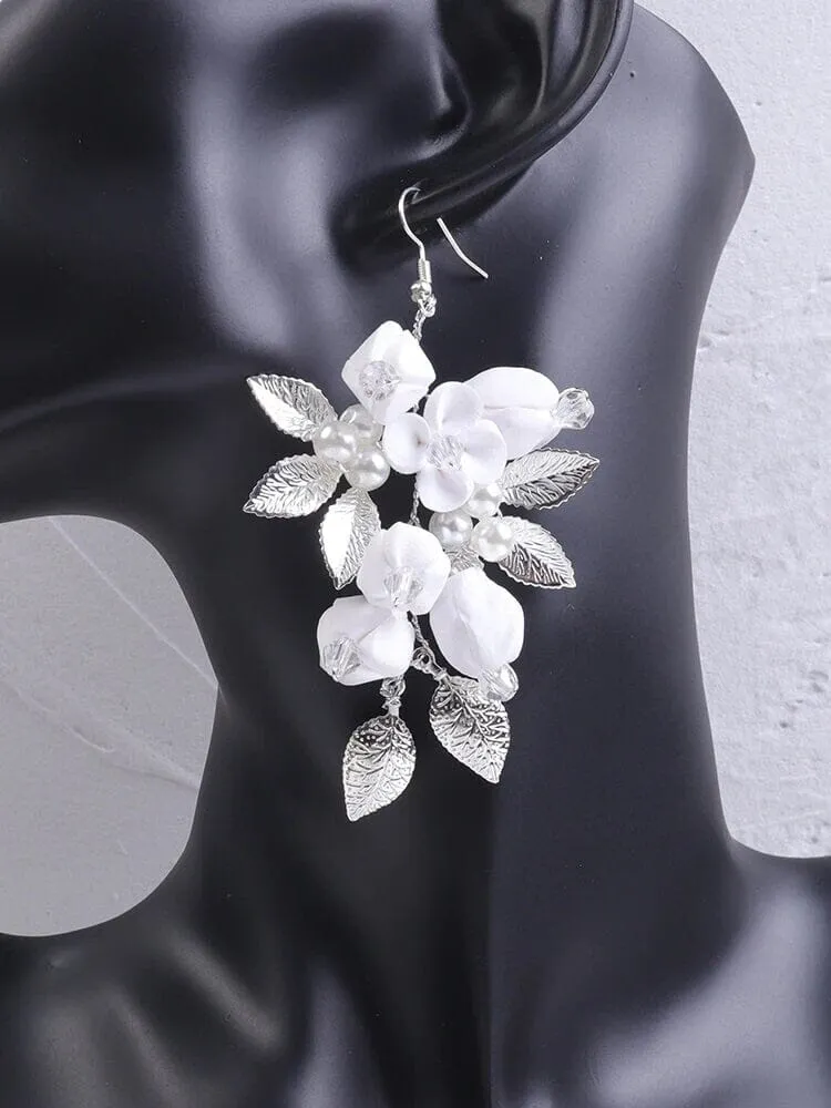 White Ceramic Flower Earrings, Bridal Crystal Silver Wire Earrings, Wedding Clay Floral Dangle Earrings