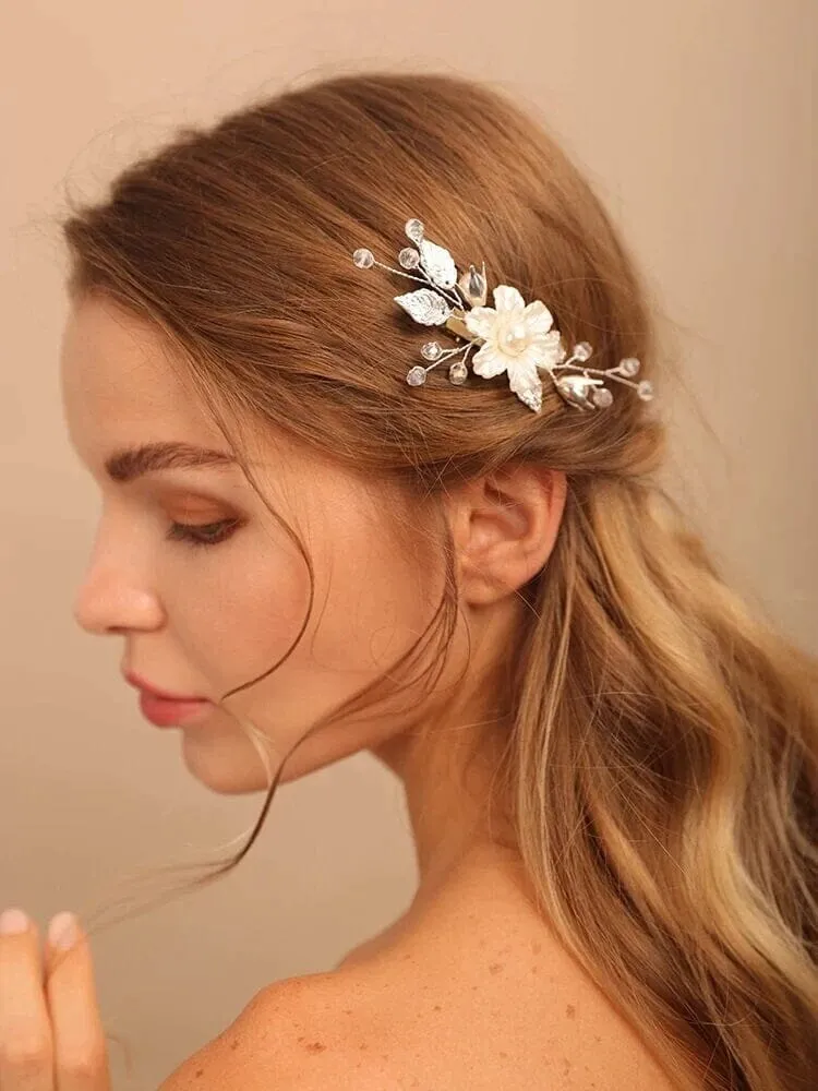 White Pearl Flower Gold Hairclip, Bridal Floral Bead Hair Clip, Wedding Floral Alligator Headpiece
