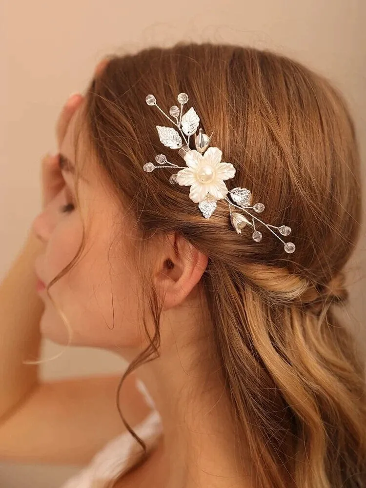 White Pearl Flower Gold Hairclip, Bridal Floral Bead Hair Clip, Wedding Floral Alligator Headpiece
