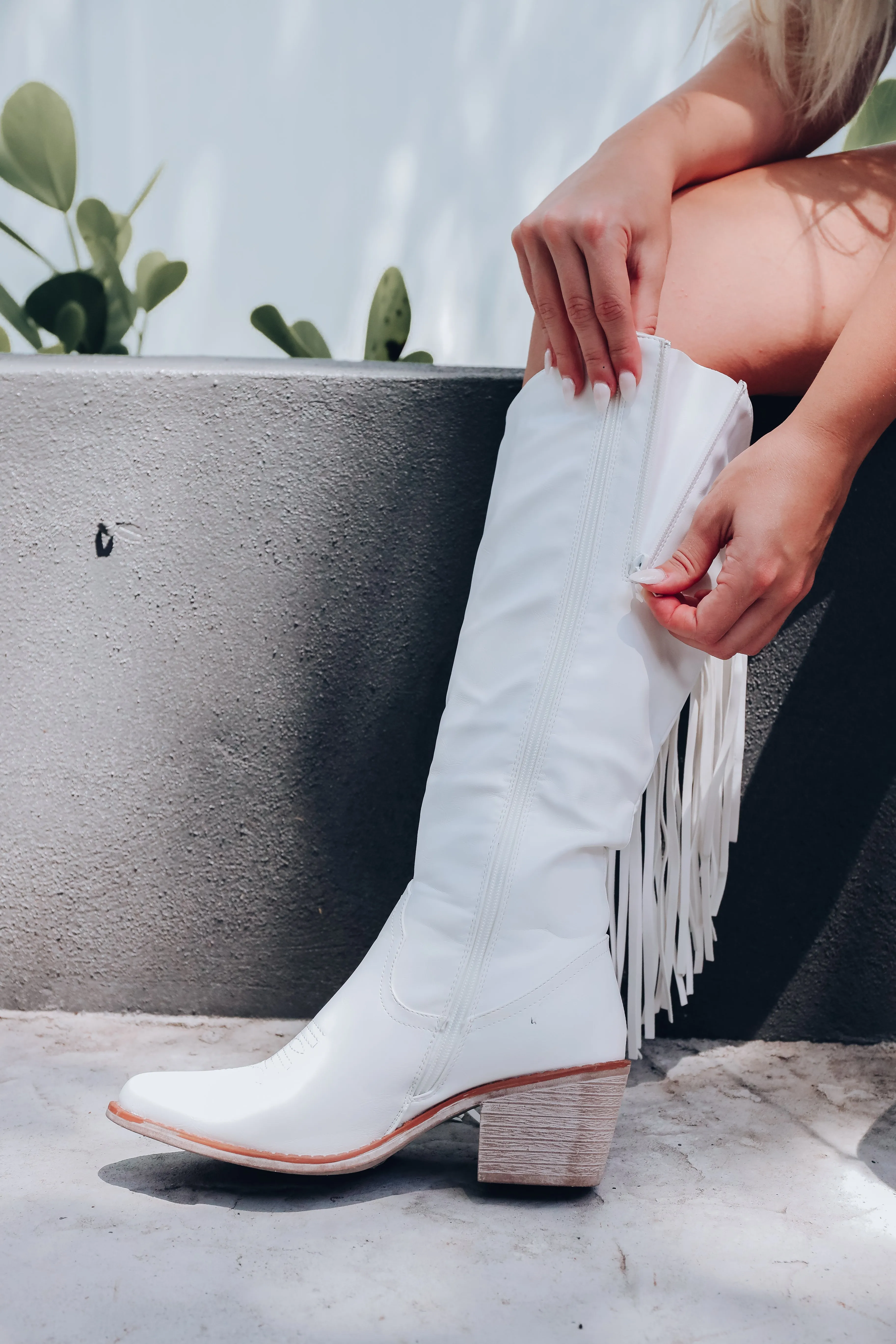 Wilder Fringe Knee High Boot - White