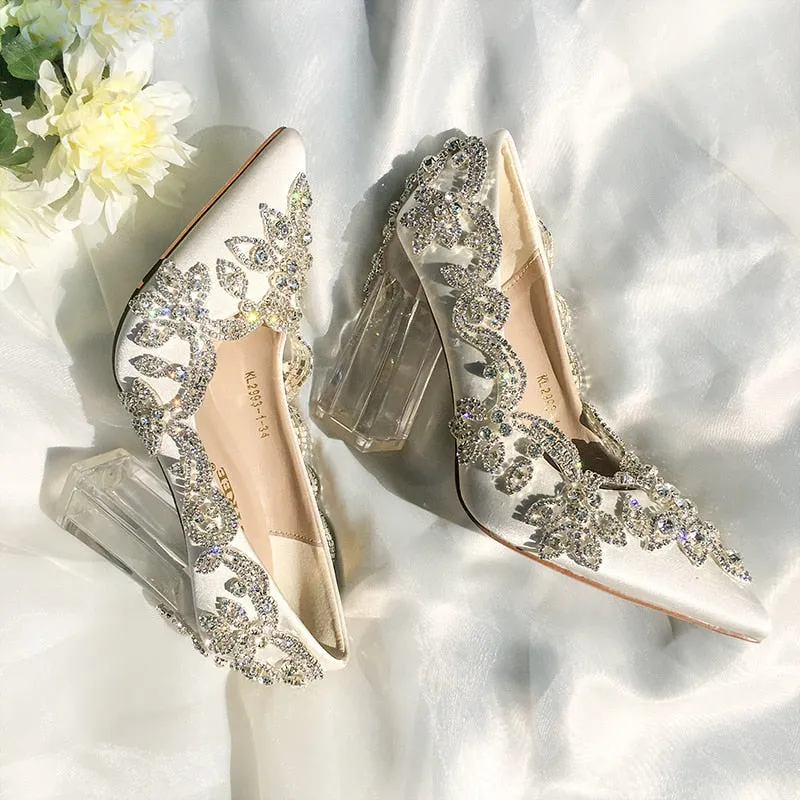 Women Wedding Shoes Bride Clear Heels Crystal Pumps