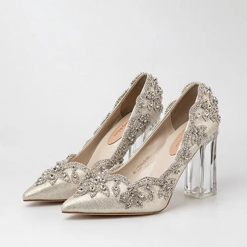 Women Wedding Shoes Bride Clear Heels Crystal Pumps