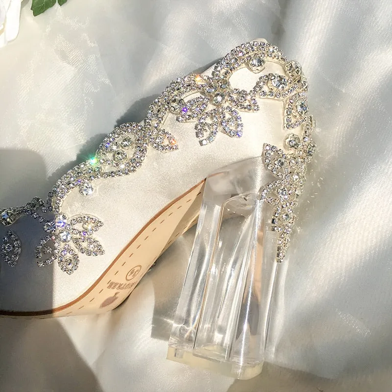 Women Wedding Shoes Bride Clear Heels Crystal Pumps