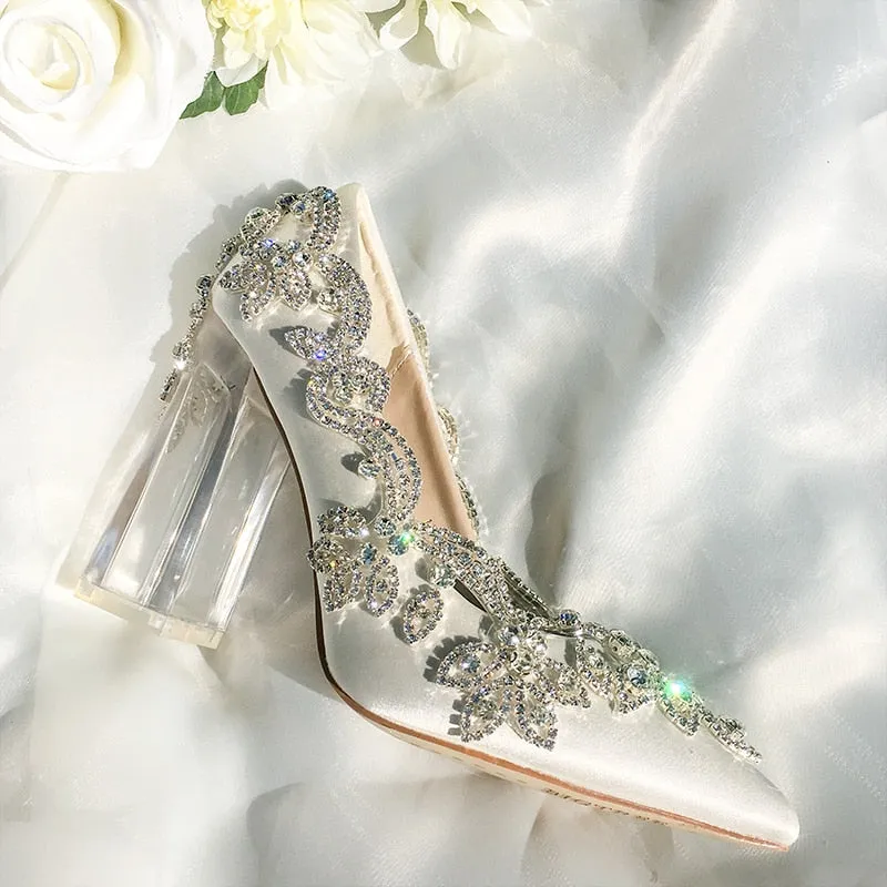 Women Wedding Shoes Bride Clear Heels Crystal Pumps
