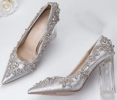 Women Wedding Shoes Bride Clear Heels Crystal Pumps