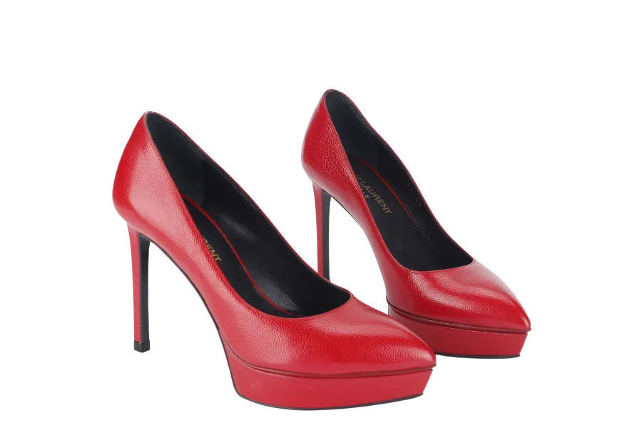 YVES SAINT LAURENT (YSL) RED GRAIN LEATHER JANIS POINTED TOE PLATFORM PUMPS SIZE 34