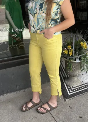 Zip Front 25" Colored Denim Ankle Pant w Hi Lo Fray Hem Side Slit Detail