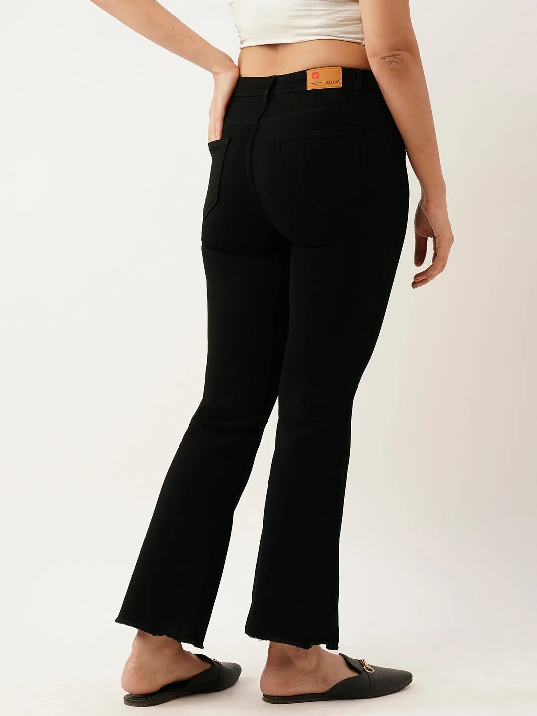 ZOLA Exclusive Ankle Length Denim Stretchable Frayed Hems Black Bell Bottom Jeans For Women