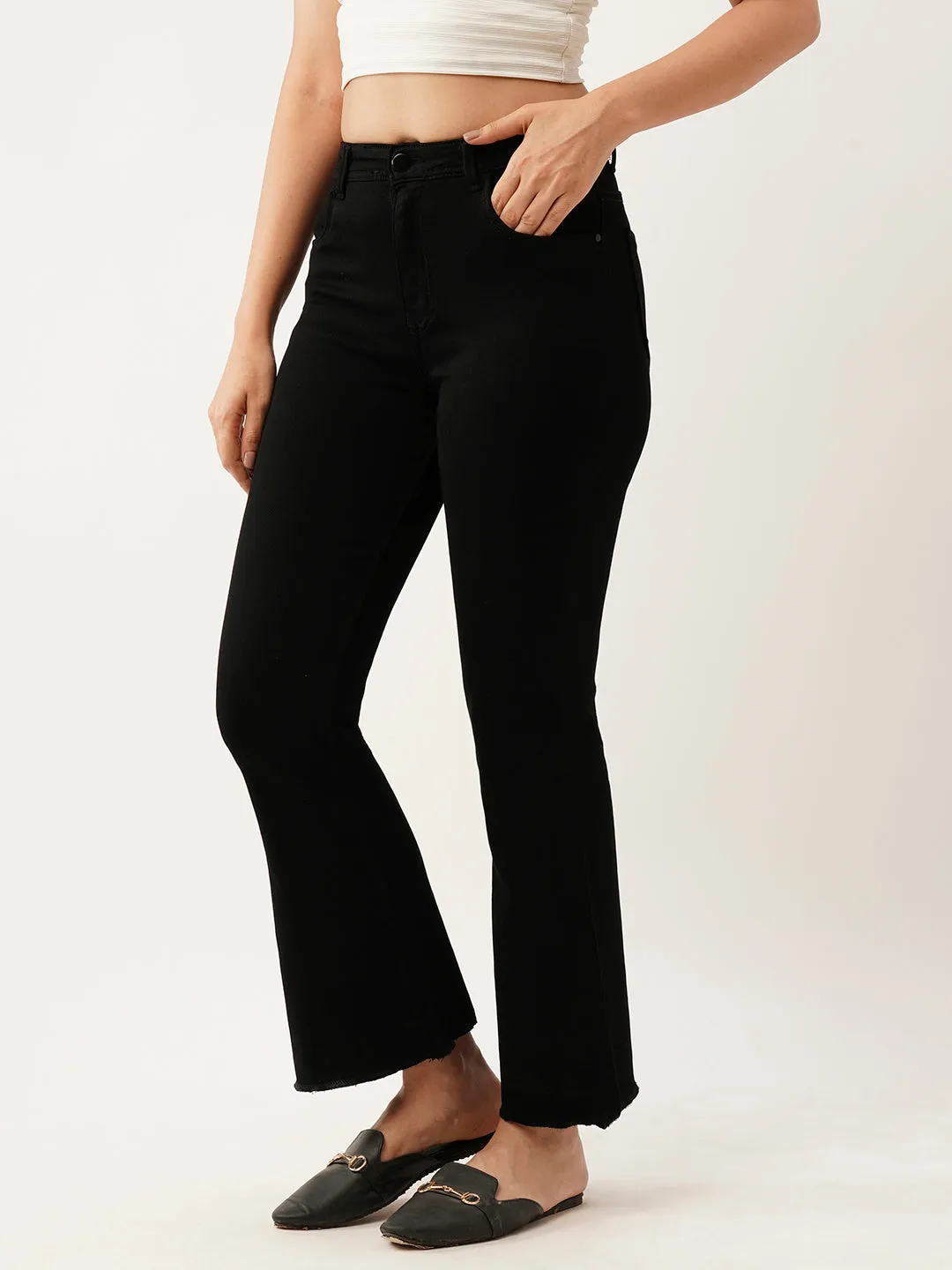 ZOLA Exclusive Ankle Length Denim Stretchable Frayed Hems Black Bell Bottom Jeans For Women