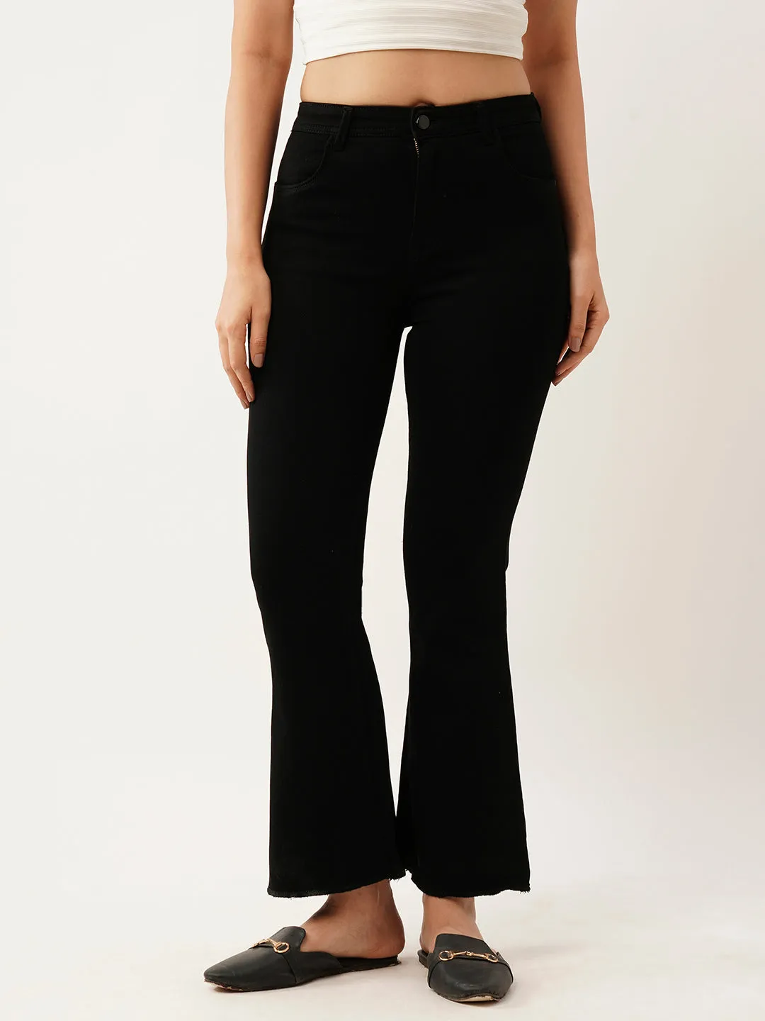 ZOLA Exclusive Ankle Length Denim Stretchable Frayed Hems Black Bell Bottom Jeans For Women