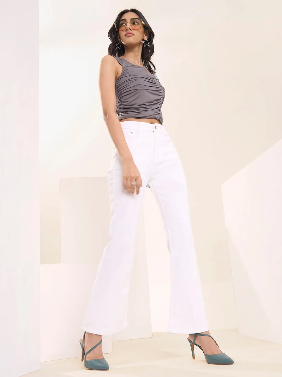 ZOLA Exclusive Denim Clean Look Stretchable Frayed Hems White Boot Cut Jeans For Women