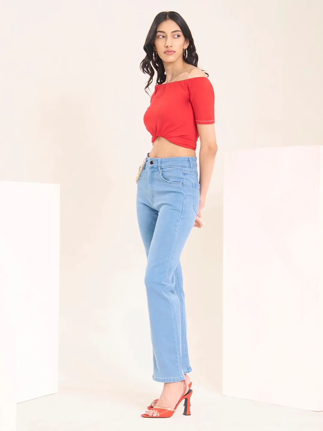 ZOLA Exclusive Denim High Waist Clean Look Stretchable IceBlue Straight Jeans For Women