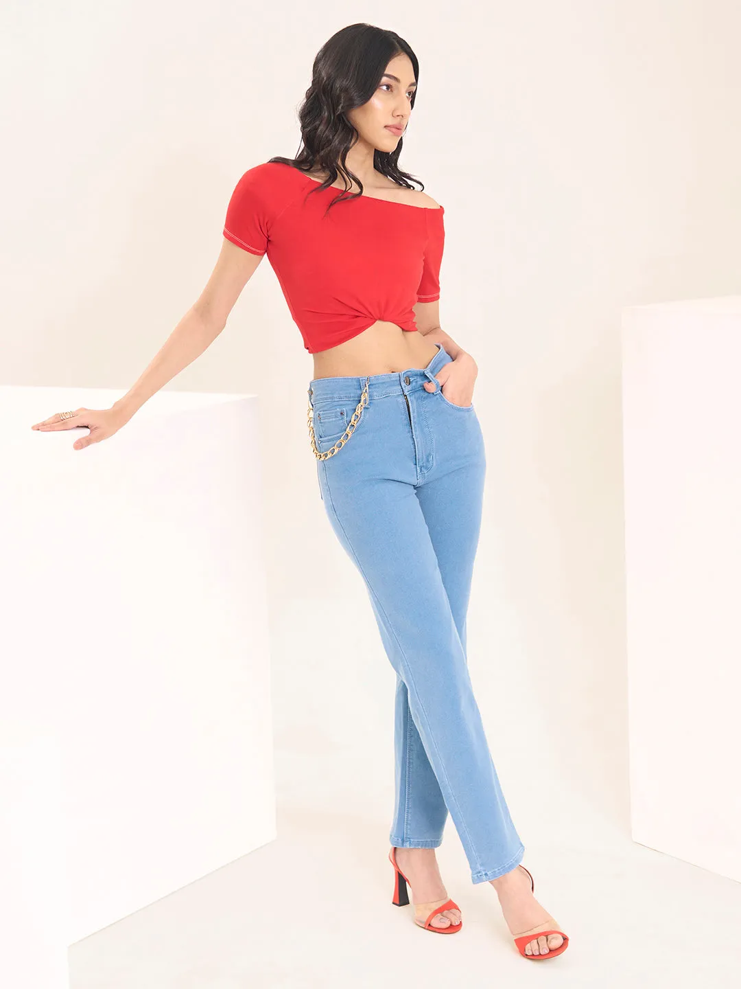 ZOLA Exclusive Denim High Waist Clean Look Stretchable IceBlue Straight Jeans For Women