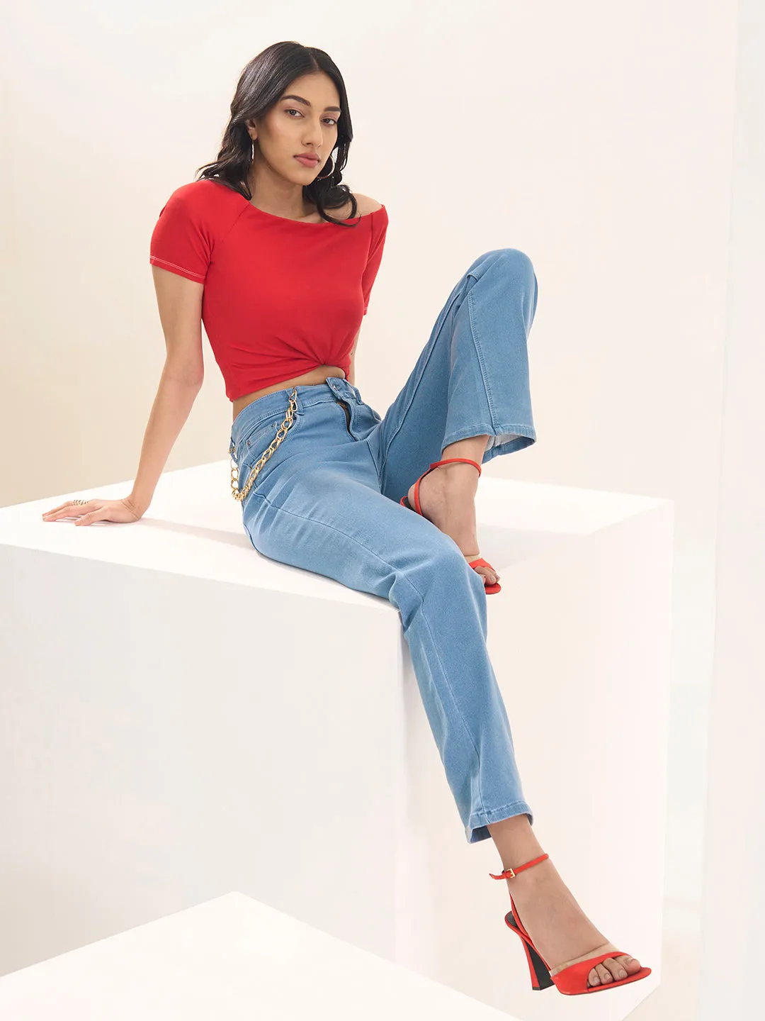 ZOLA Exclusive Denim High Waist Clean Look Stretchable IceBlue Straight Jeans For Women