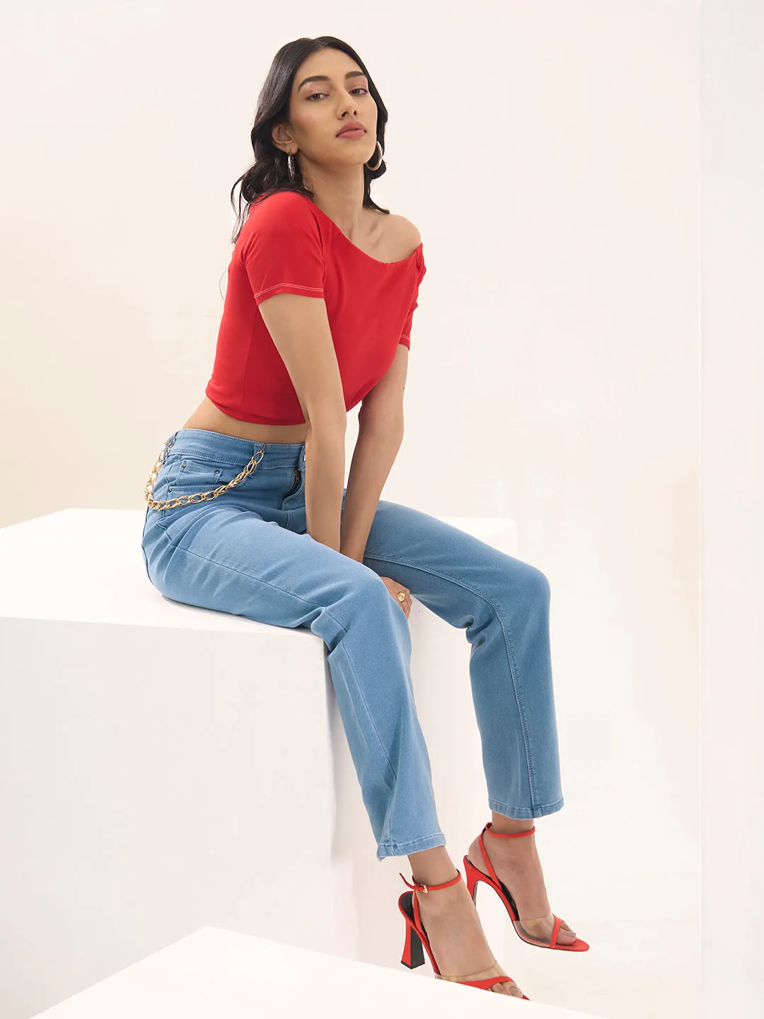 ZOLA Exclusive Denim High Waist Clean Look Stretchable IceBlue Straight Jeans For Women